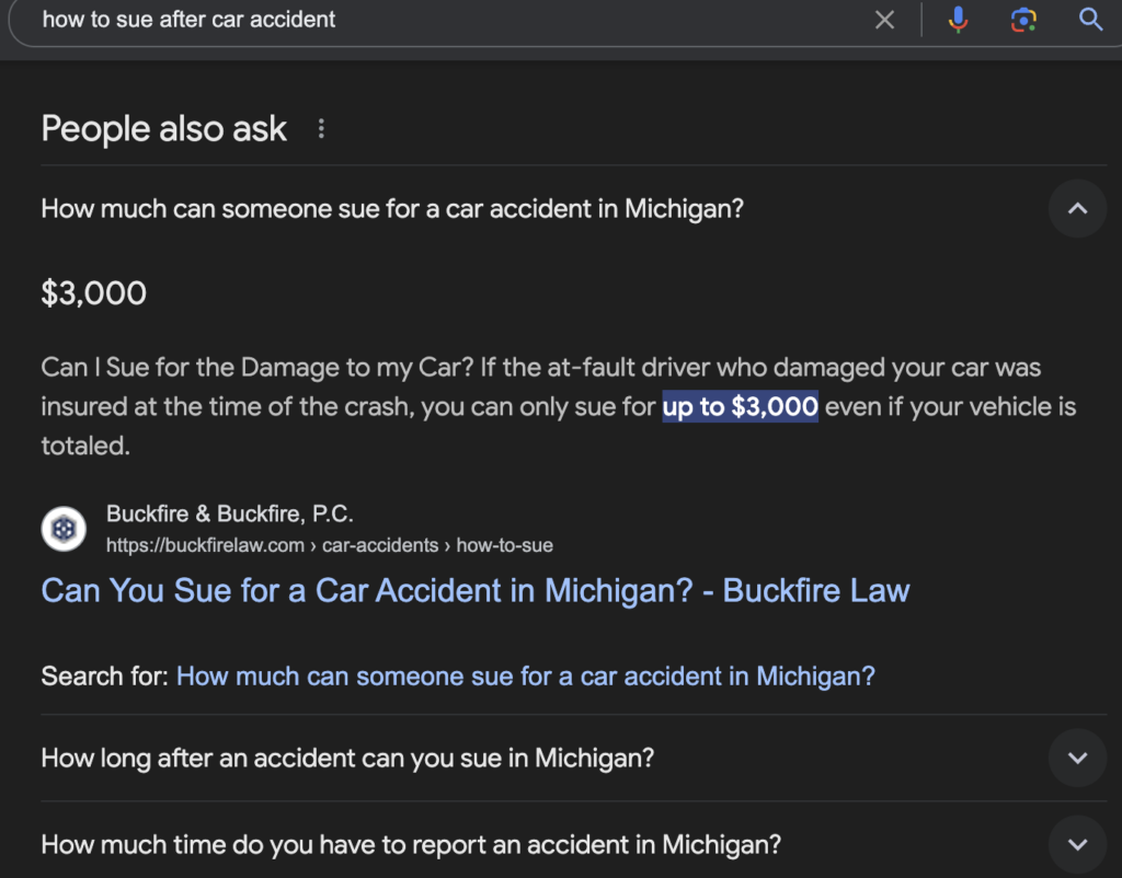 screenshot of "people also ask" google feature for query "how to sue after car accident"